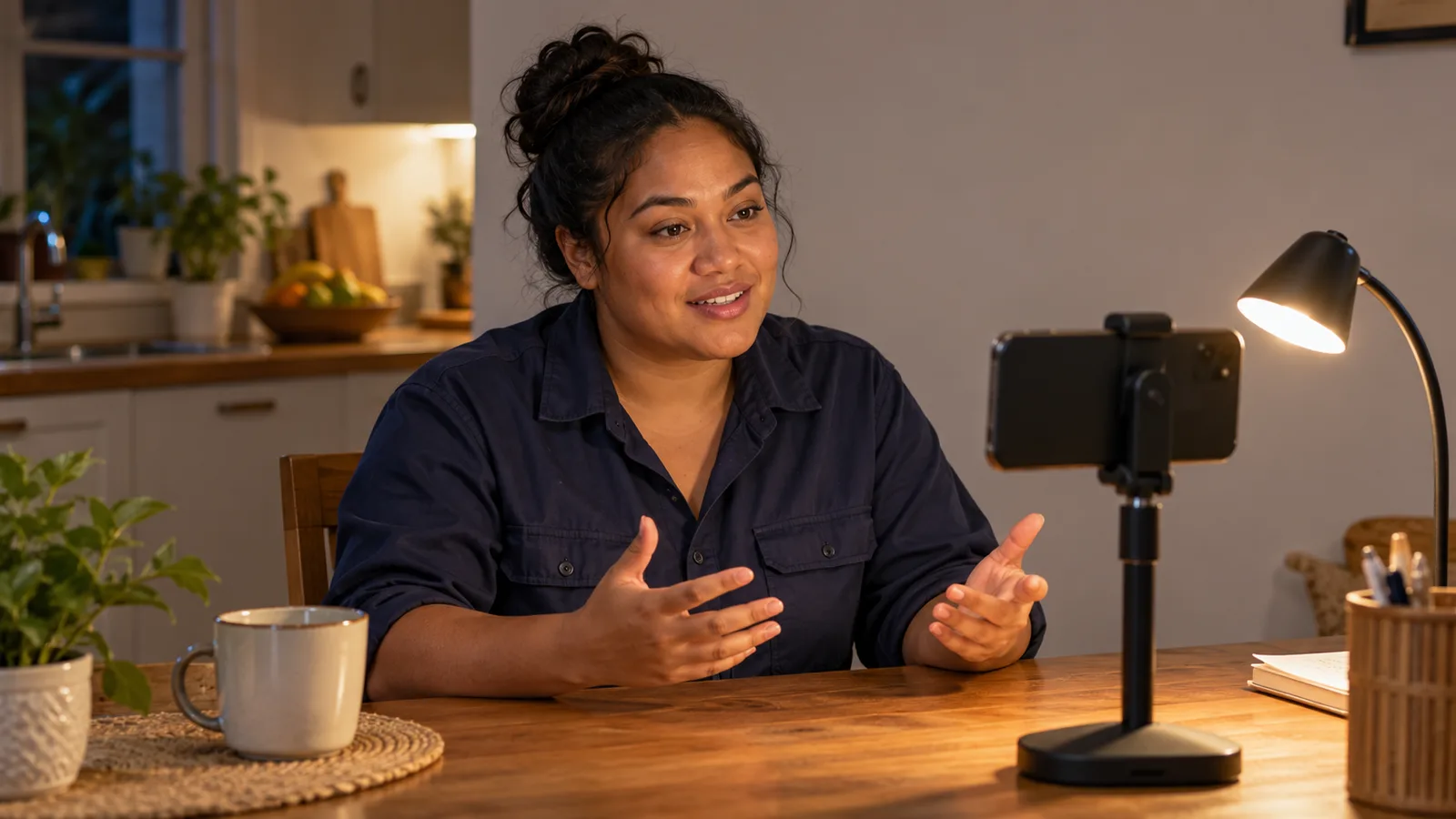 A Pacific Islander electrician records a video resume on a sideways phone at her kitchen table, lit by a desk lamp.
