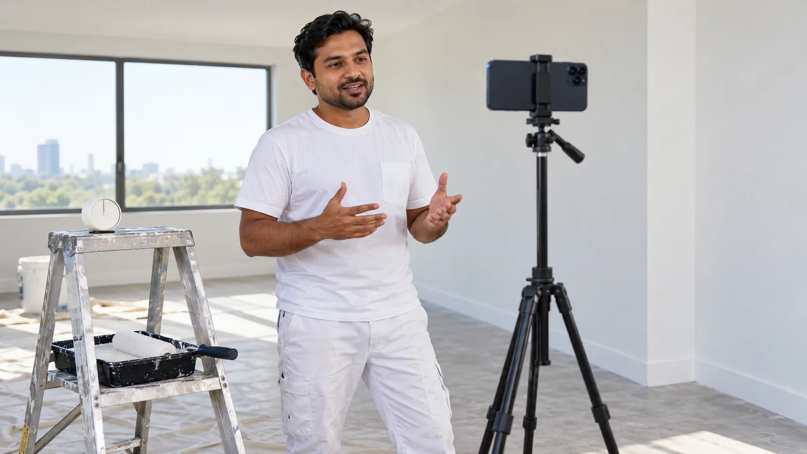 A painter records a self-introduction on a horizontal phone mounted on a tripod, with a timer on a ladder beside him.